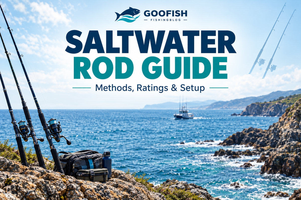 Englisches Titelbild Saltwater Rod Guide mit generischen Angelruten an einer felsigen Küste und einem Boot im Hintergrund