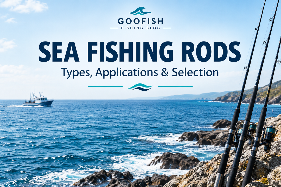 Copertina in inglese Sea Fishing Rods con canne generiche su una costa rocciosa e una barca sul mare