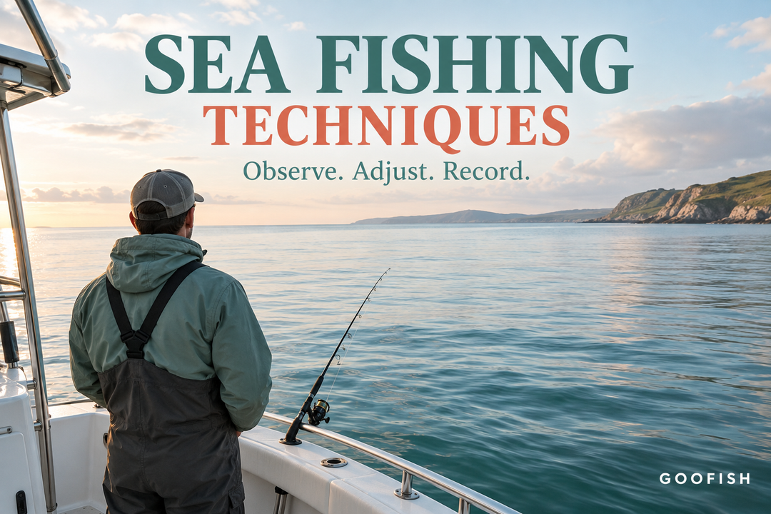 Sea Fishing Techniques cover showing an angler observing coastal water from a boat beside a generic rod in a holder