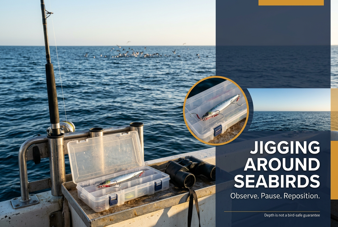 Boat cockpit with a stowed fishing rod, tackle box and binoculars overlooking distant seabirds, with the headline Jigging Around Seabirds.
