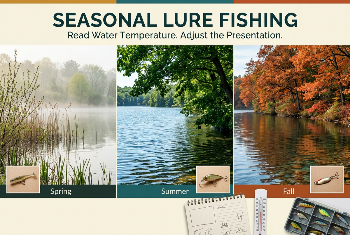 Photo-style seasonal lure cover showing spring reeds, summer shade and autumn foliage around lake water, with illustrative lure, notebook and thermometer details.