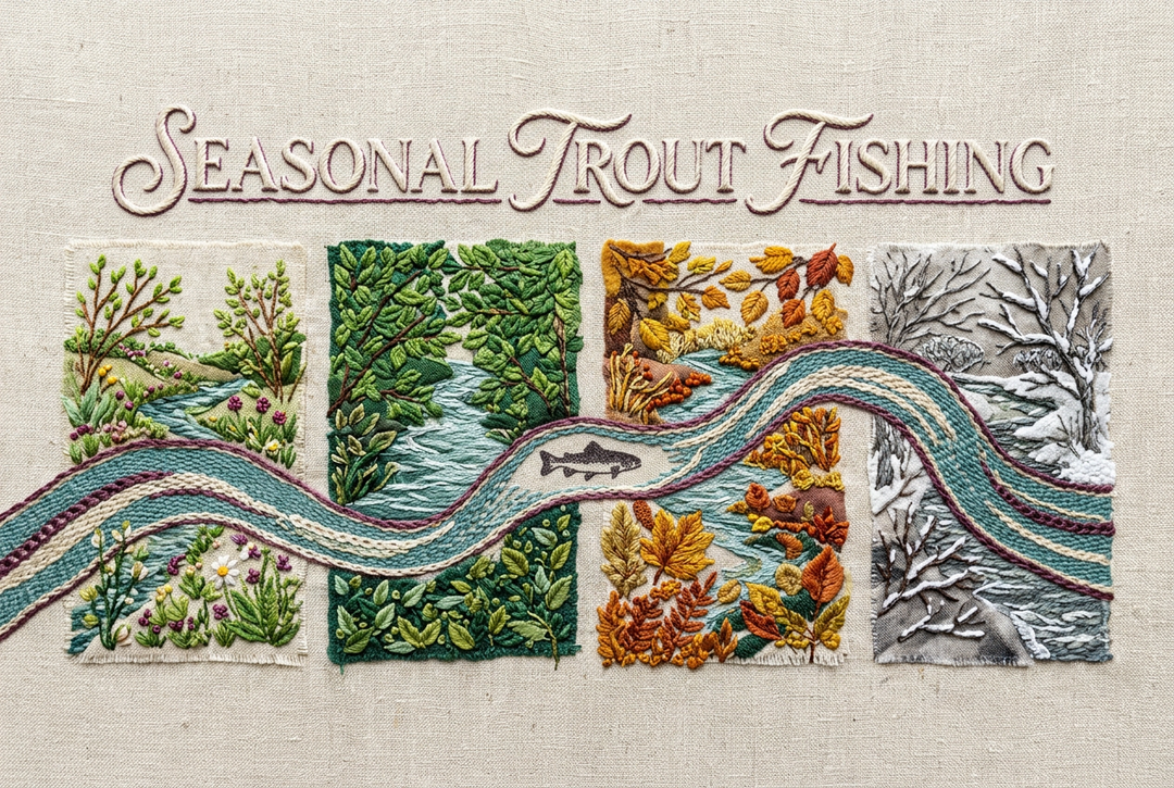 Embroidered four-season landscape with a flowing river ribbon and trout silhouette beneath the English heading Seasonal Trout Fishing.