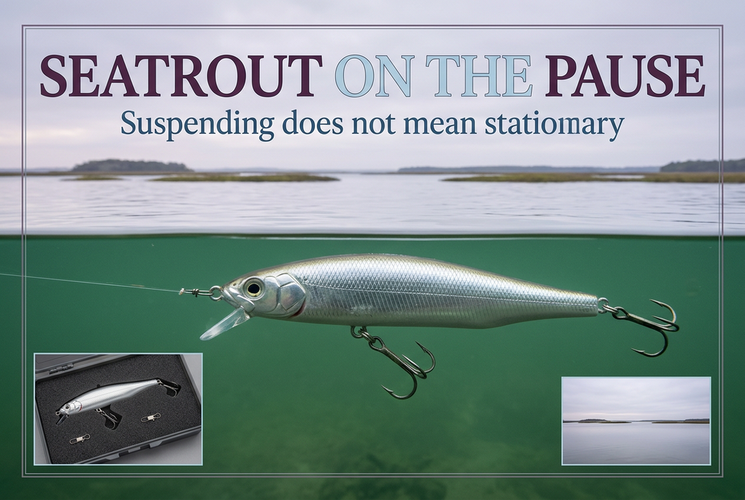 Silver minnow jerkbait below a calm estuary surface with tackle and shoreline insets, headed Seatrout on the Pause.