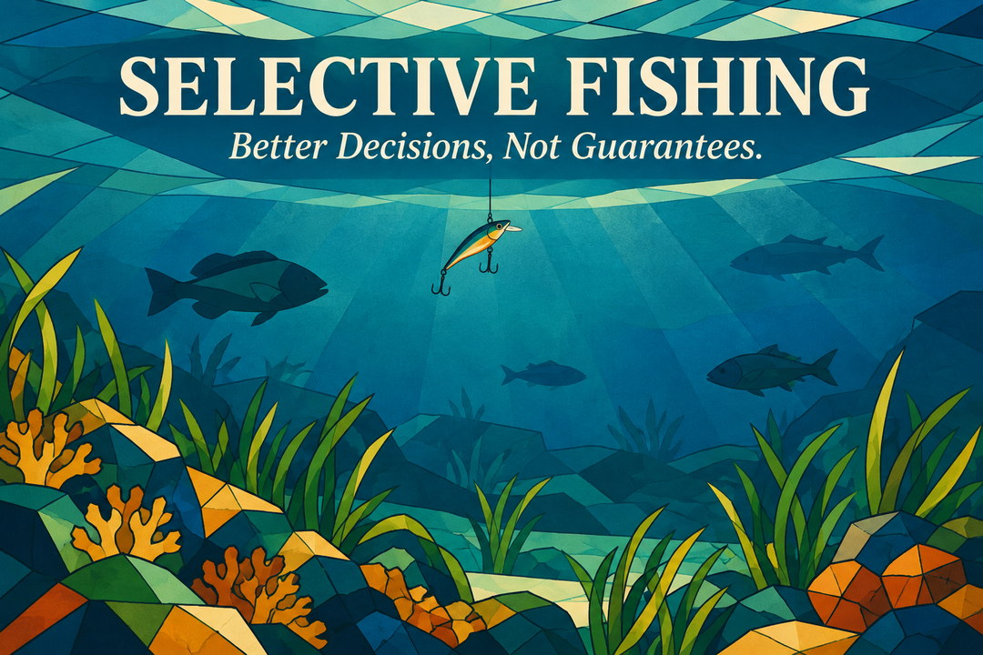 Selective Fishing cover illustration with fish silhouettes, seagrass, reef shapes and a lure above the seabed, with the subtitle Better Decisions, Not Guarantees.