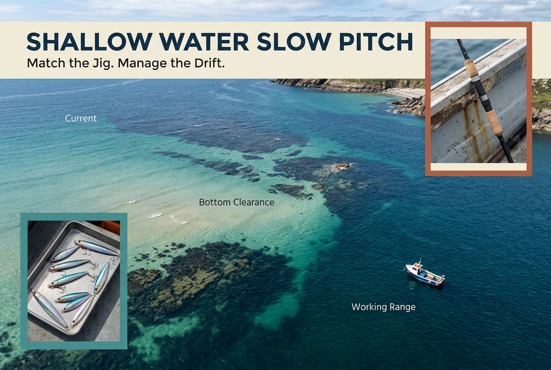 Aerial-style coastal shoal and deeper-water edge with separate jig-tray and rod-grip insets beneath the headline Shallow Water Slow Pitch.
