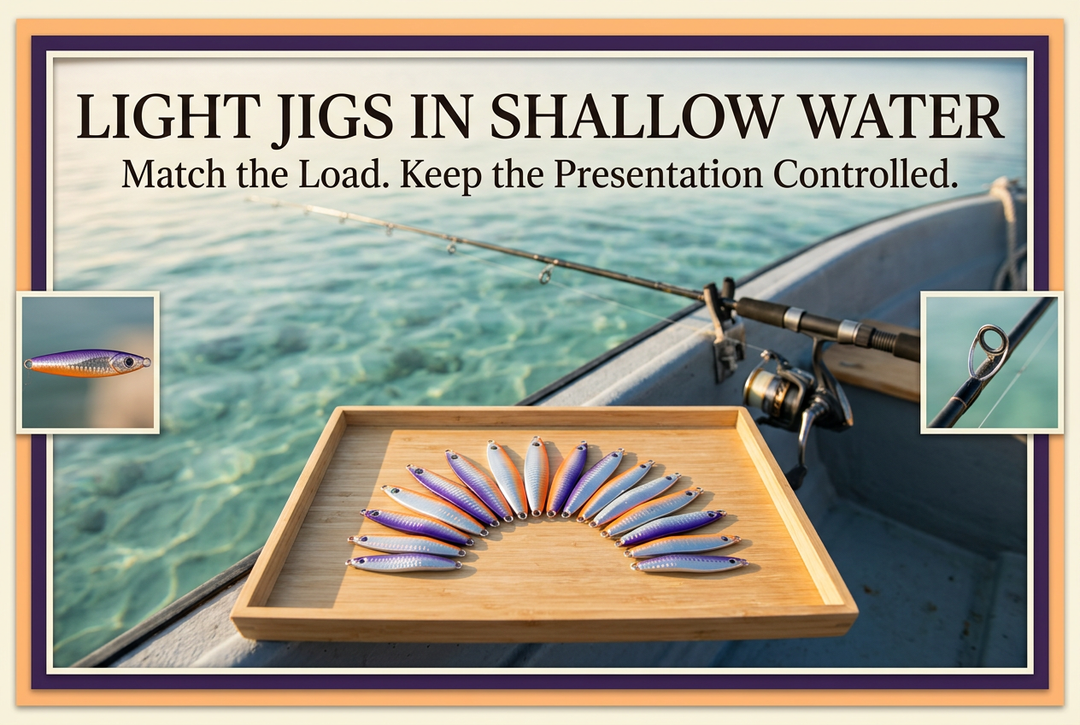Light jigs in shallow water guide showing a fan of colorful metal jigs in a tray and a supported spinning outfit beside clear coastal water.