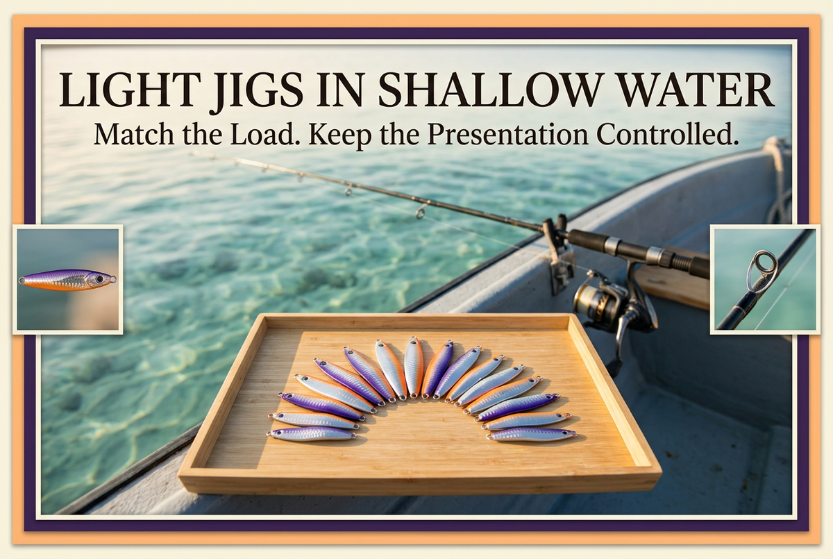 Light jigs in shallow water guide showing a fan of colorful metal jigs in a tray and a supported spinning outfit beside clear coastal water.