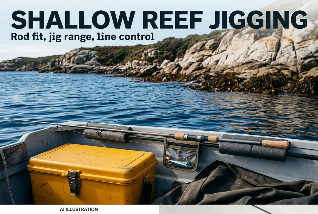 AI illustration of secured fishing rods and a yellow tackle chest aboard a boat beside a rocky kelp-lined coast
