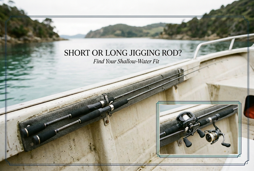 Short or long jigging rod guide showing rods stored parallel inside a small boat beside a sheltered coastal bay.
