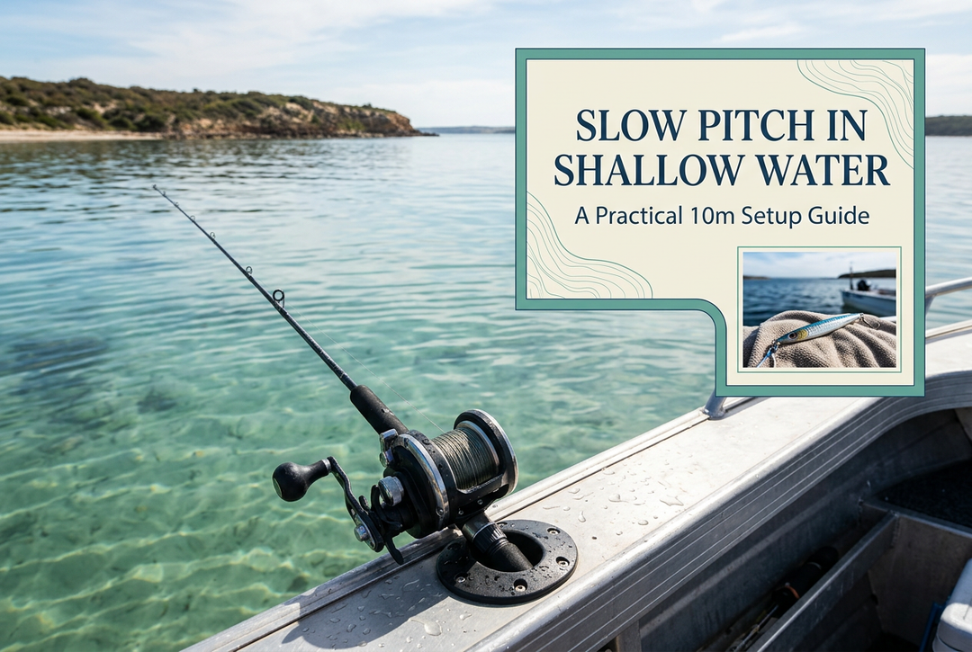 Slow pitch in shallow water: rod and conventional reel beside a clear coastal bay, with a metal jig detail inset.