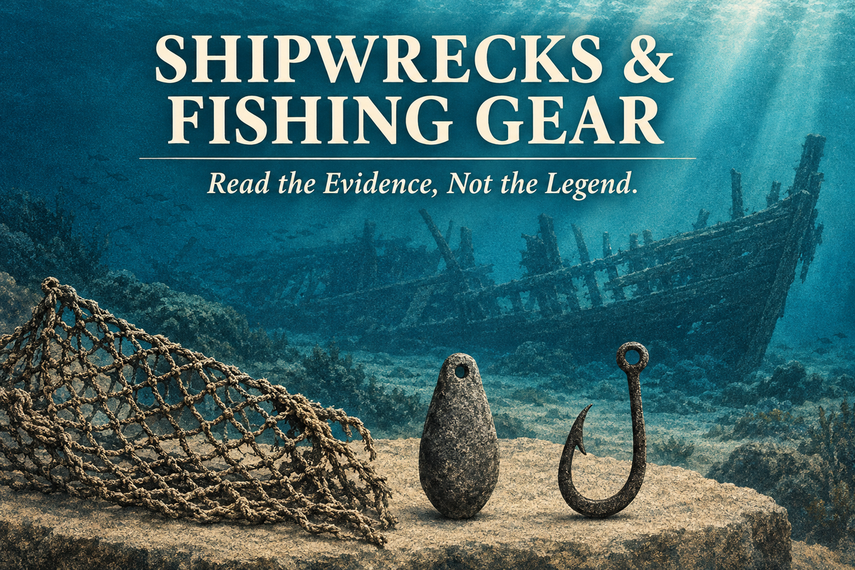 Shipwrecks and Fishing Gear English cover showing a conceptual wooden wreck with imagined netting, a weight and a hook, not actual excavated artifacts.