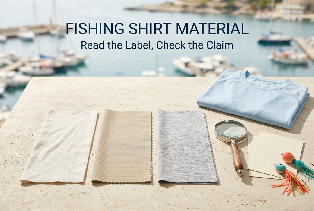 Fishing Shirt Material cover showing generic fabric swatches, a folded blue shirt and magnifying glass on a terrace table overlooking a harbor.