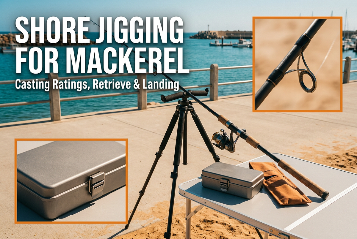 Shore Jigging for Mackerel cover showing a generic spinning outfit resting on a stand beside a closed tackle box on a harbour promenade, with orange-framed detail panels.