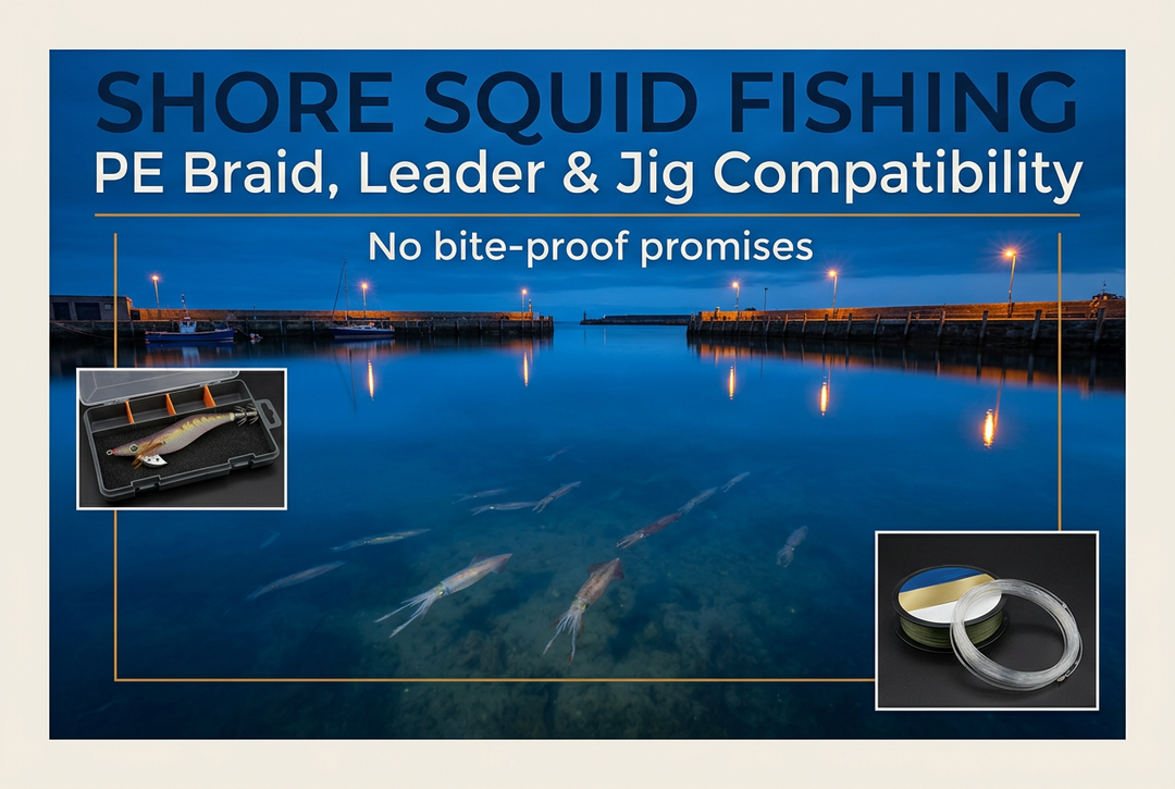 Photographic-style blue-hour harbor with squid beneath the water and jig and line insets beside the English title Shore Squid Fishing.