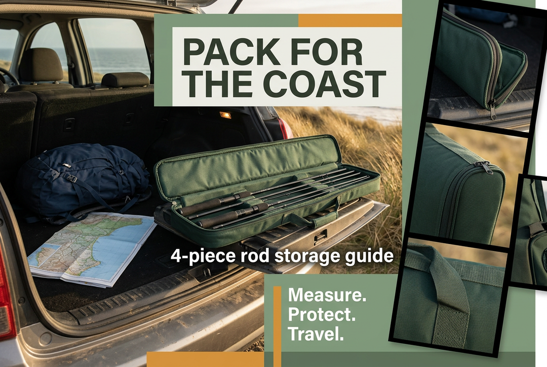 Pack for the Coast editorial cover showing a padded rod case, separated rod sections, backpack and map in a parked car beside coastal grass.