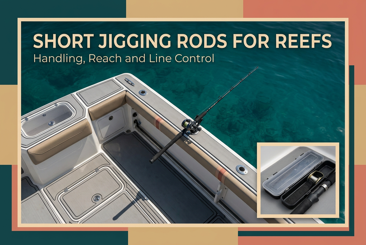 Short jigging rods for reefs guide showing an unloaded rod supported diagonally beside a compact empty boat cockpit and clear water.