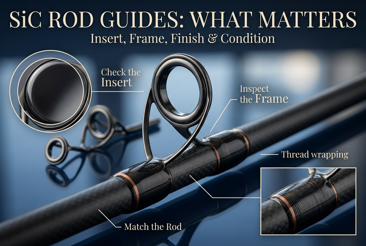 Macro-style view of a ceramic rod guide and thread wrapping with the English headline SiC Rod Guides: What Matters.