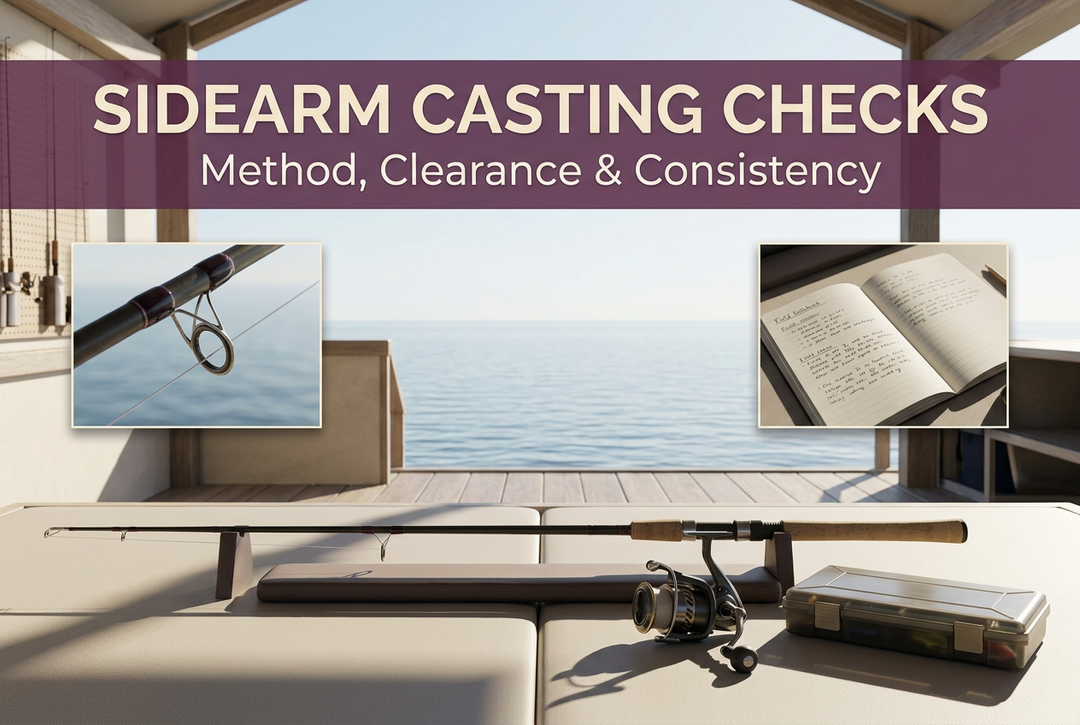 Sidearm Casting Checks cover showing a generic unloaded rod on supports, separate spinning reel and tackle case in a coastal shelter, with guide and notebook detail panels.