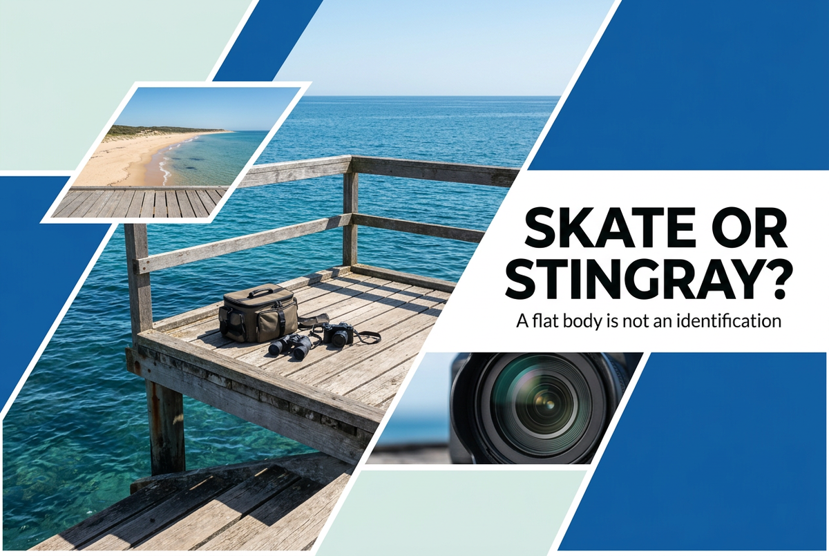 Coastal observation platform with binoculars, camera and tackle bag, headed Skate or Stingray? A flat body is not an identification.
