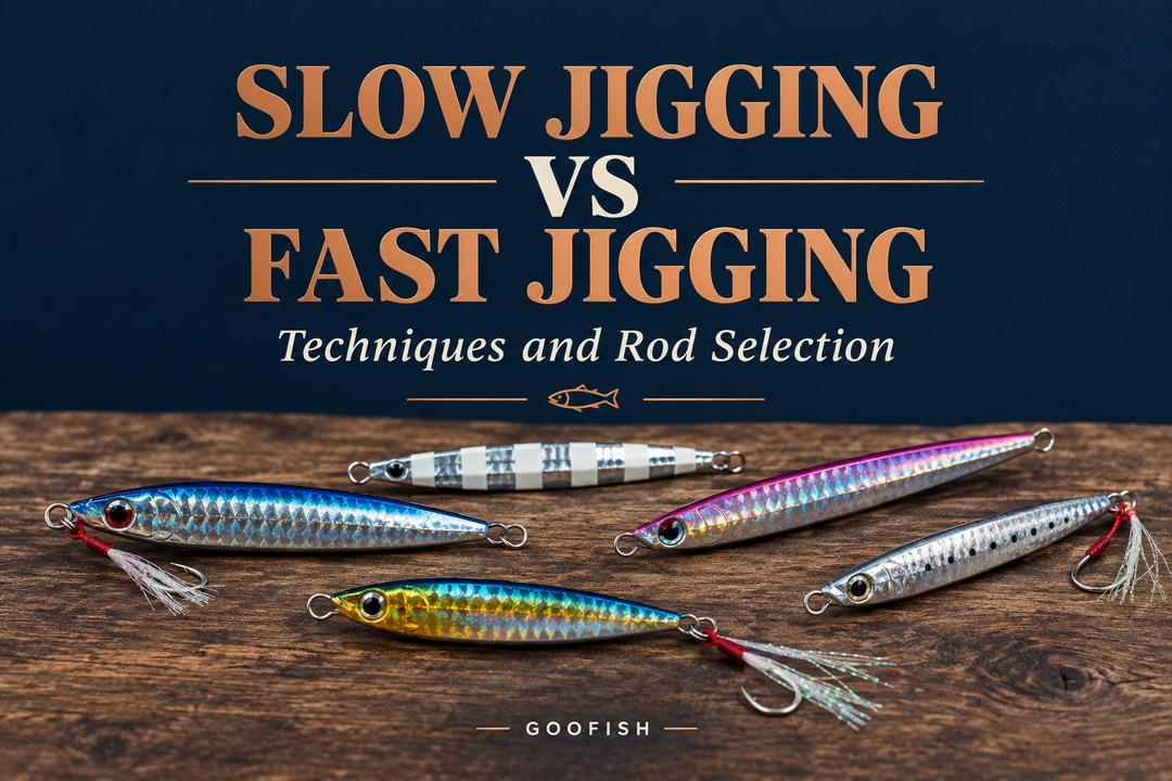 Slow Jigging vs Fast Jigging English cover showing generic metal jigs on a wooden table
