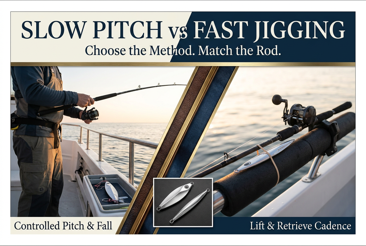 Two boat-fishing views with jigging outfits and a wide and slim metal jig inset, headed Slow Pitch vs Fast Jigging.