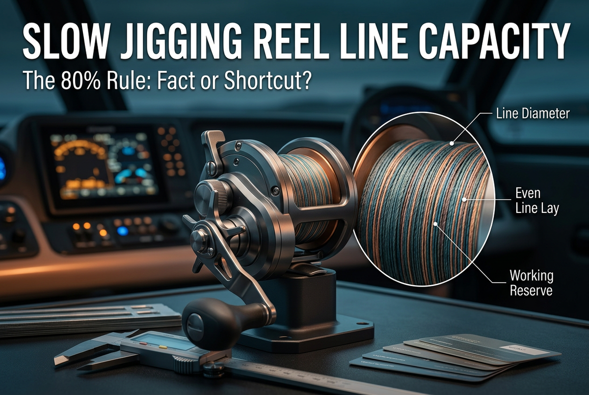Conventional jigging reel in a boat cabin with a magnified view of braided line and English line-capacity guide headings.