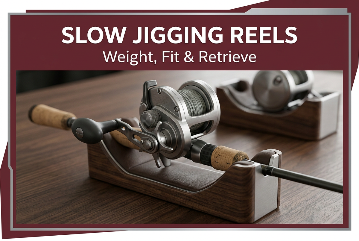 Slow Jigging Reels cover showing a generic conventional reel mounted on a rod in a padded wooden cradle, with another reel behind it and burgundy and silver framing.