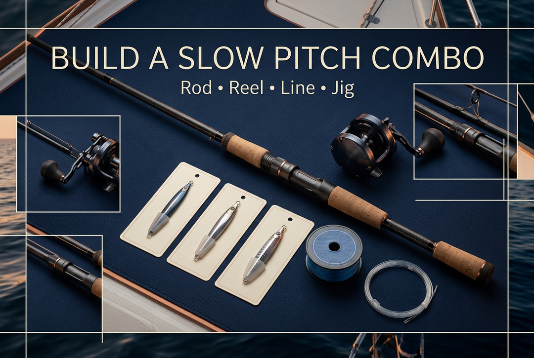 Build a slow pitch combo: jigging rod, conventional reel, braid spool, leader and metal jigs arranged on a navy boat-deck mat.