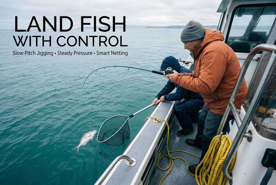 Angler holding a blue jigging rod low beside a boat while a crew member prepares a landing net for a silver fish.