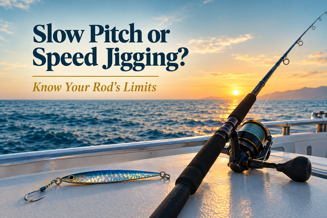 Couverture du guide slow pitch et speed jigging : canne et jig métallique sur un bateau