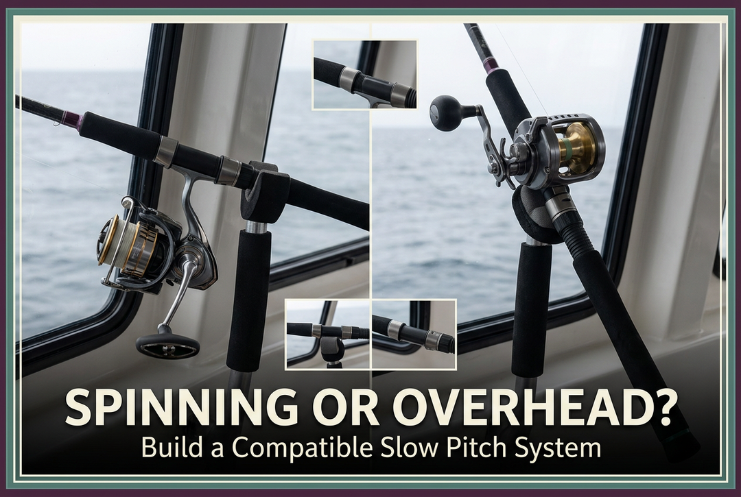 Slow pitch system comparison showing generic spinning and overhead reels on separate supported rod configurations beside boat windows.
