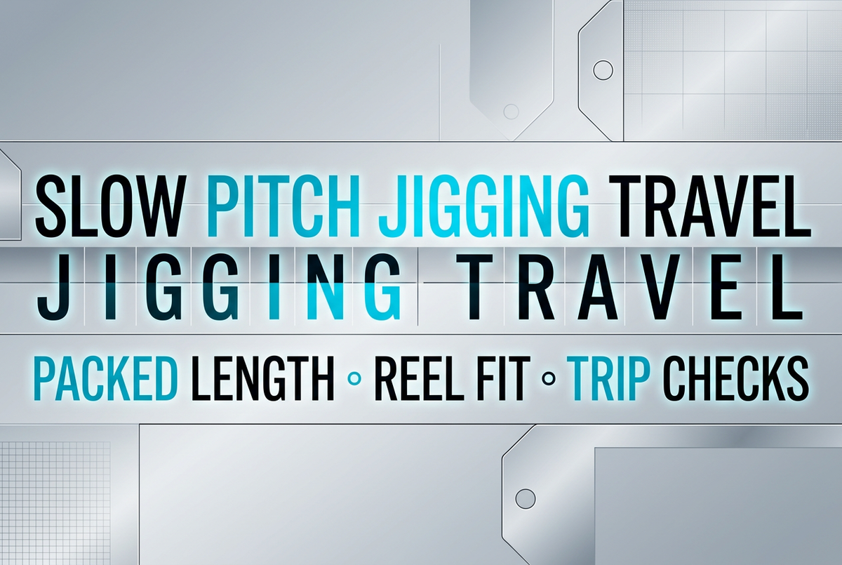 Silver, black and cyan departure-board-style cover reading Slow Pitch Jigging Travel with packed length, reel fit and trip checks.