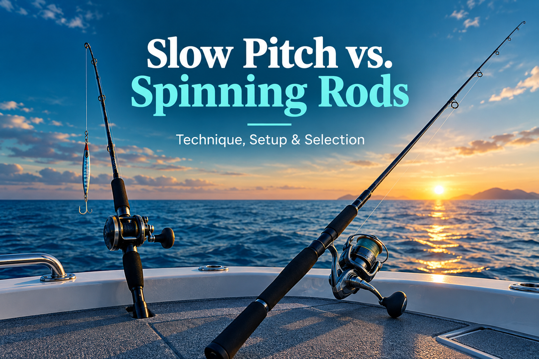 Slow Pitch vs. Spinning Rods guide cover showing generic jigging and spinning setups on a boat deck