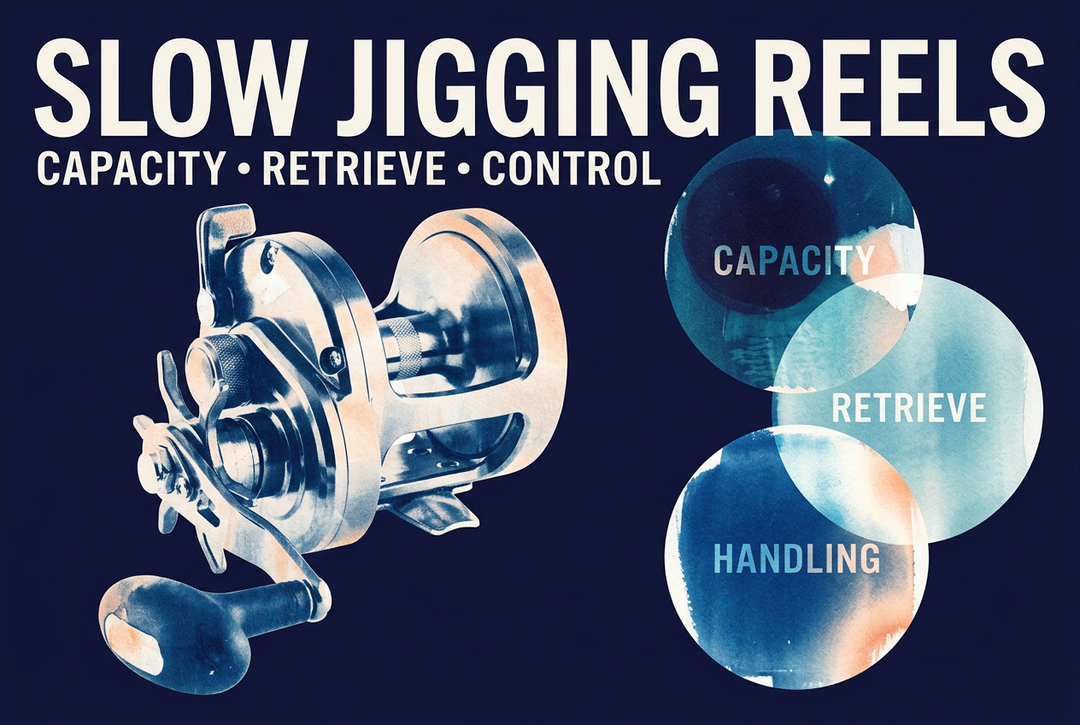 Indigo and peach conceptual collage of a conventional reel and circles representing capacity, retrieve and handling