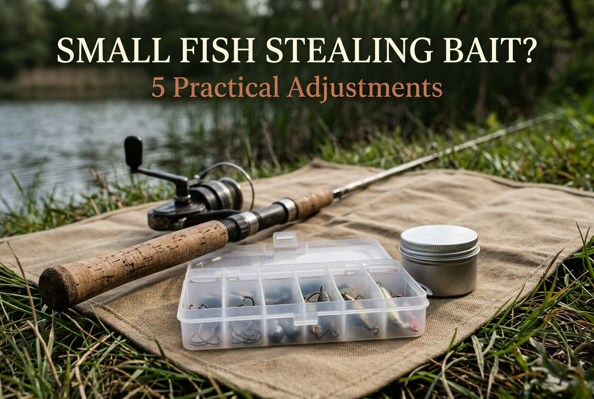 Small Fish Stealing Bait cover showing a generic fishing outfit, tackle compartments and closed bait container on a mat beside a grassy lakeshore.