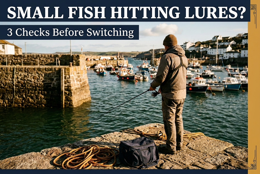 Small Fish Hitting Lures cover showing an angler with a generic spinning outfit on a stone harbor platform, with boats and a tackle bag.