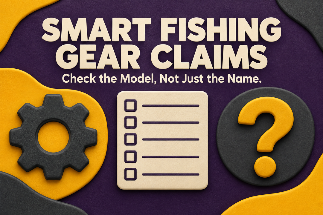 Smart Fishing Gear Claims English cover with conceptual mechanical gear, checklist and question mark in mango yellow, deep purple and charcoal relief.