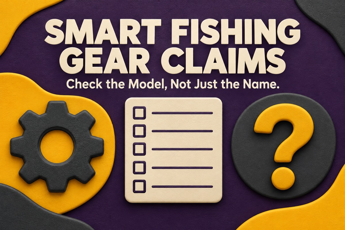 Smart Fishing Gear Claims English cover with conceptual mechanical gear, checklist and question mark in mango yellow, deep purple and charcoal relief.