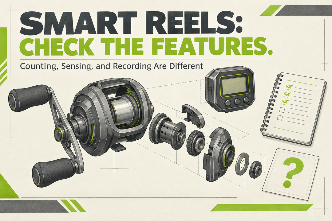 Smart Reels Check the Features English cover showing conceptual reel components, separate display and notebook in graphite gray and lime green, not a real product engineering diagram.