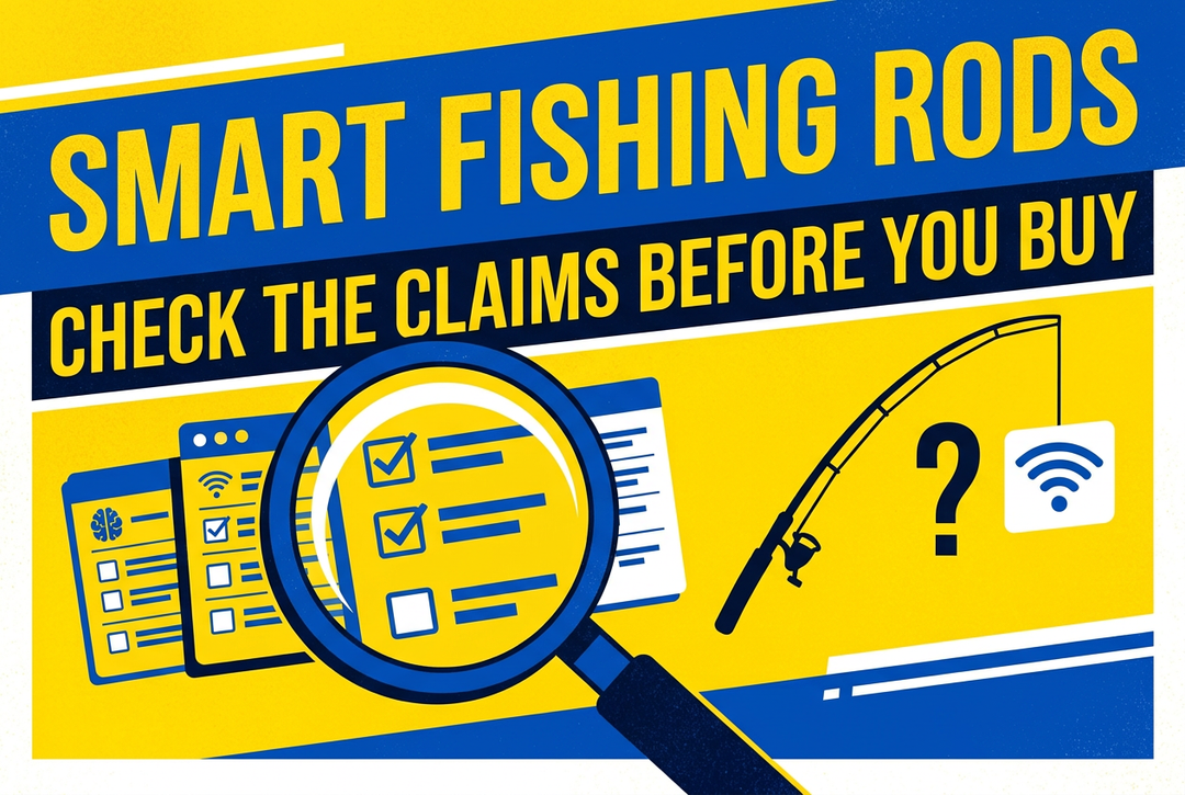 Blue and yellow concept poster with a magnifying glass, feature cards, generic rod outline and wireless question mark, titled Smart Fishing Rods: Check the Claims Before You Buy.