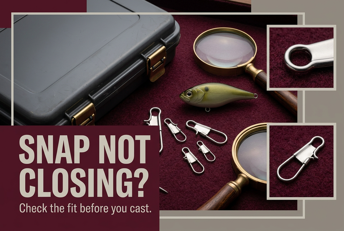 Loose fishing snaps and a hookless olive lure on burgundy felt with English headline Snap Not Closing? Check the fit before you cast.