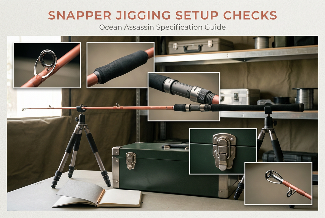 Snapper Jigging Setup Checks cover showing a generic unloaded coral-colored rod on supports, closed olive storage chest and notebook, with guide, grip, fitting and latch photo panels.