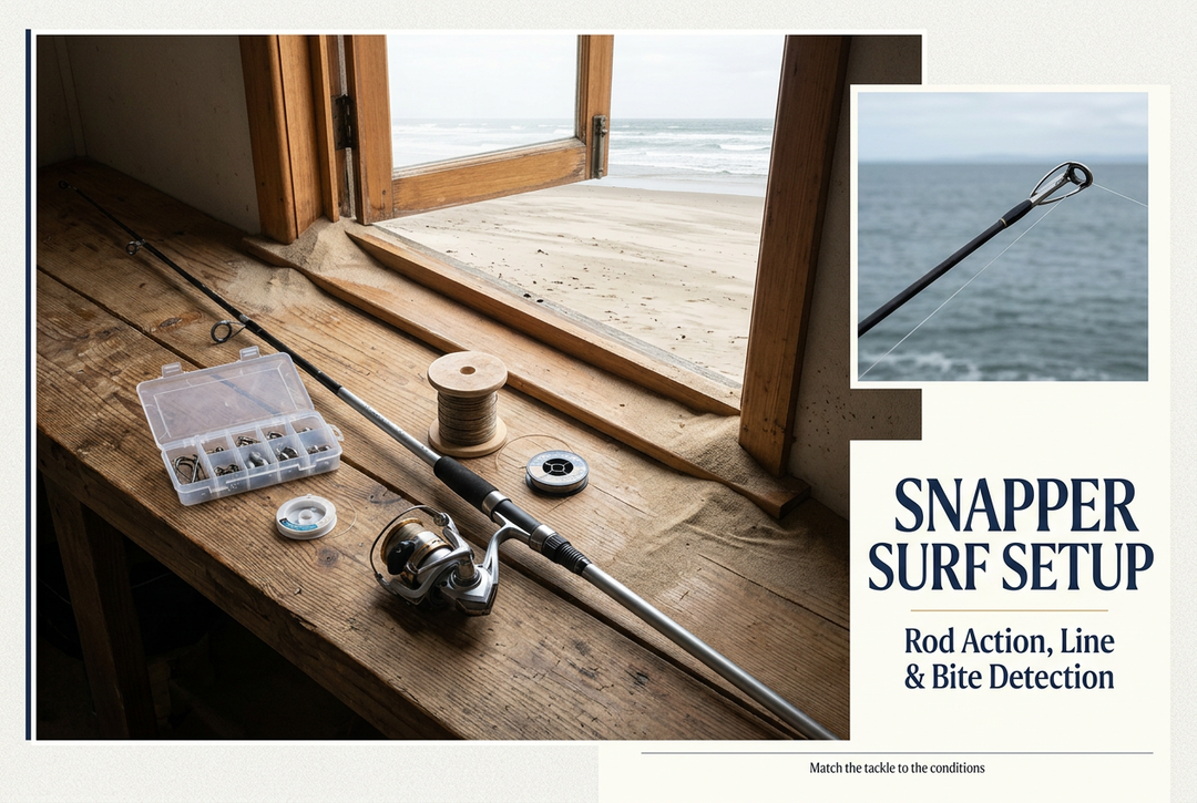Photographic-style coastal workbench with a spinning rod, reel, line spools and rod-tip inset beside the English headline Snapper Surf Setup.