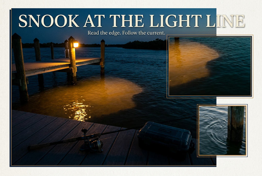 Coastal dock light casting an amber pool on dark water beside a supported rod and tackle box, headed Snook at the Light Line.