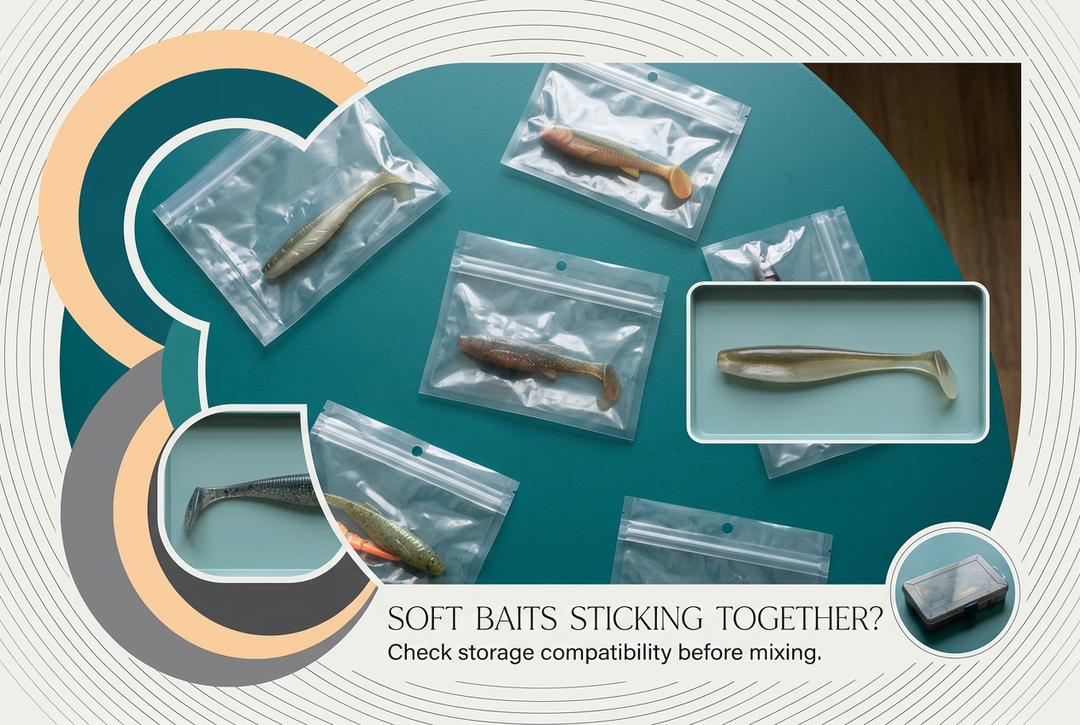 Individually packaged soft fishing baits on a teal table with apricot circular framing and the headline Soft Baits Sticking Together