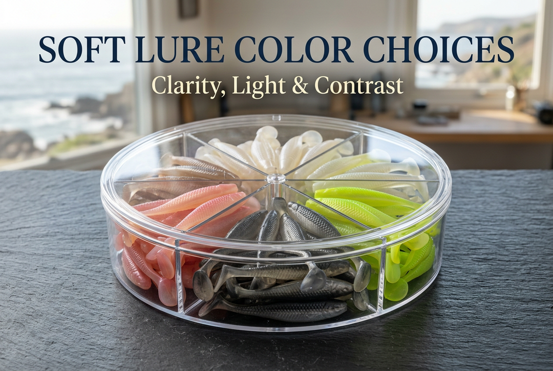 Soft Lure Color Choices cover showing pearl, chartreuse, dark and pink soft lures in a circular compartment tray beside a coastal window.
