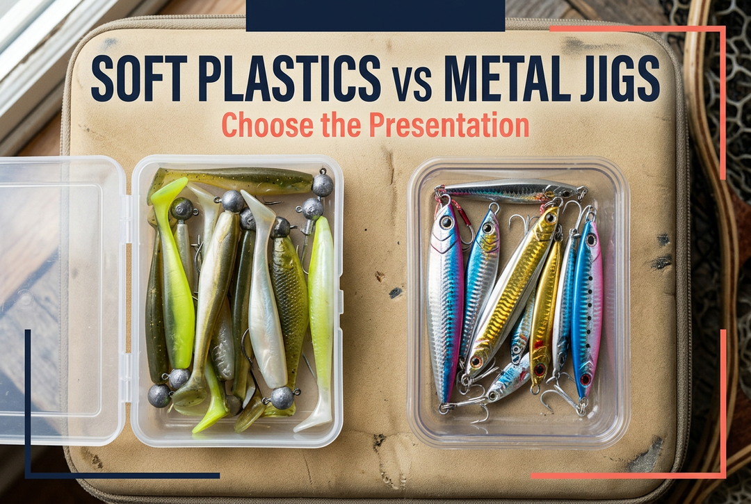 Soft Plastics vs Metal Jigs cover showing generic soft-plastic bodies with jigheads and reflective metal jigs in separate tackle compartments.