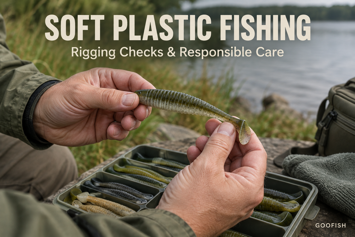 Soft Plastic Fishing cover showing an angler inspecting a generic unrigged paddle-tail bait above a tackle tray beside the water