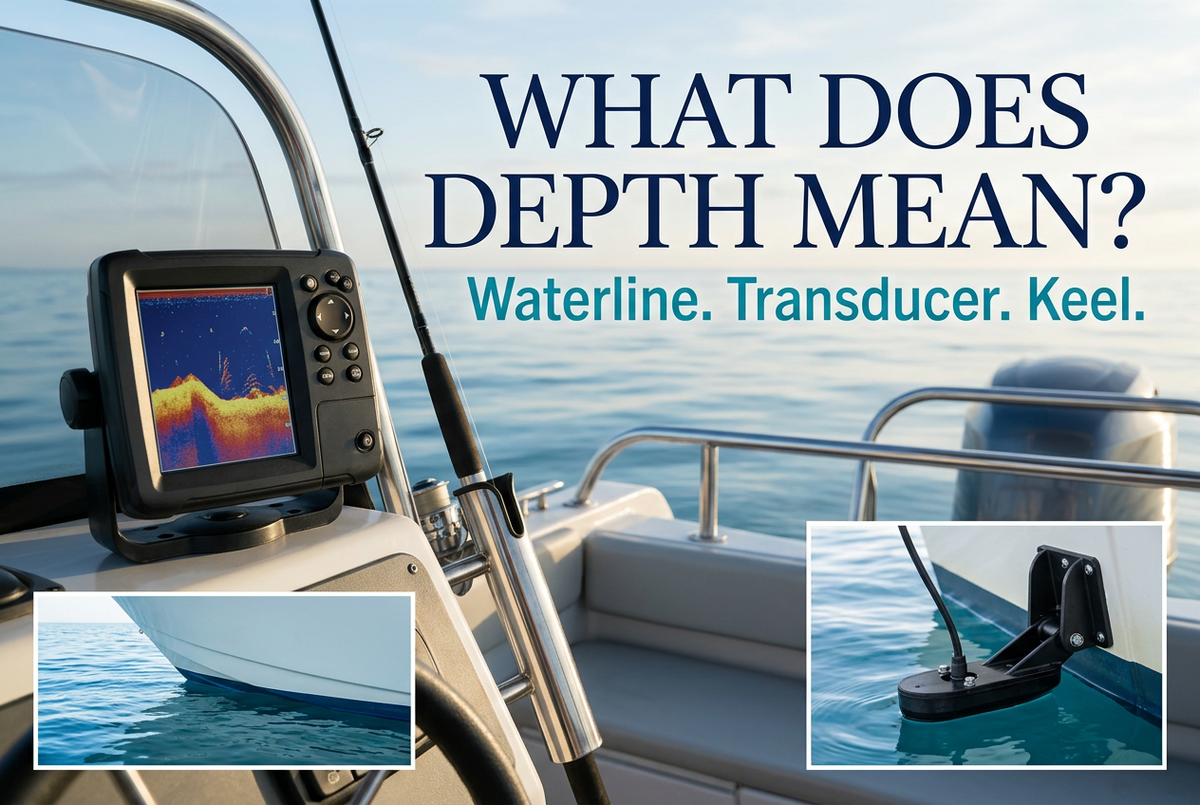 Fish finder in a fishing boat cockpit with inset views of a hull waterline and transom transducer, headed What Does Depth Mean?