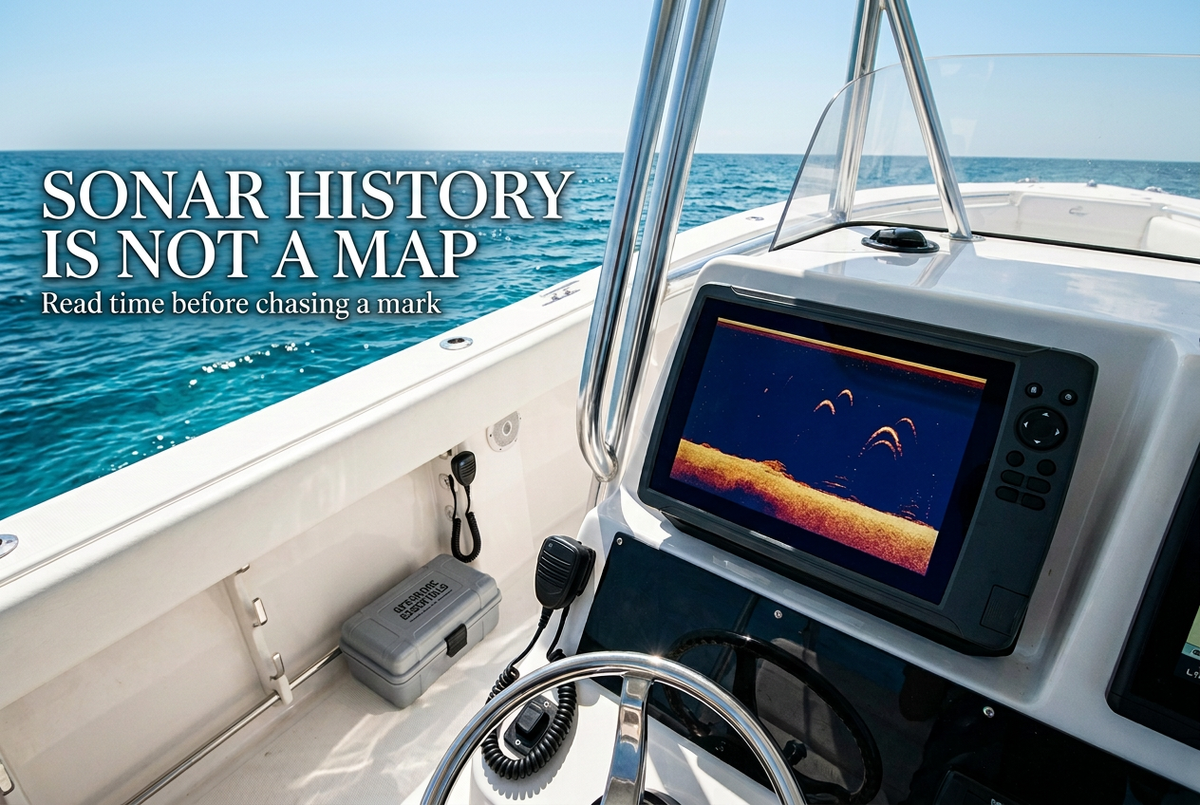Traditional sonar display on a boat console beside turquoise water, with the English headline Sonar History Is Not a Map.
